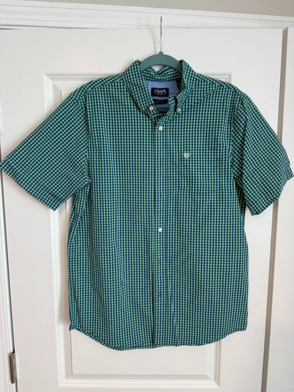 Chaps Stretch Easy Care Gingham Button Down Shirt Blue Green Men's Medium